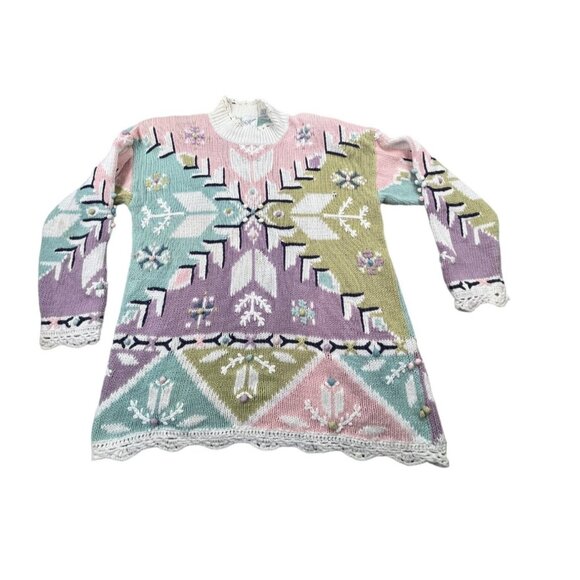 Fashion Options Sweaters - Vintage Fashion Options Sweater Women Large Pastel Geometric Knit Lace Trim Cott
